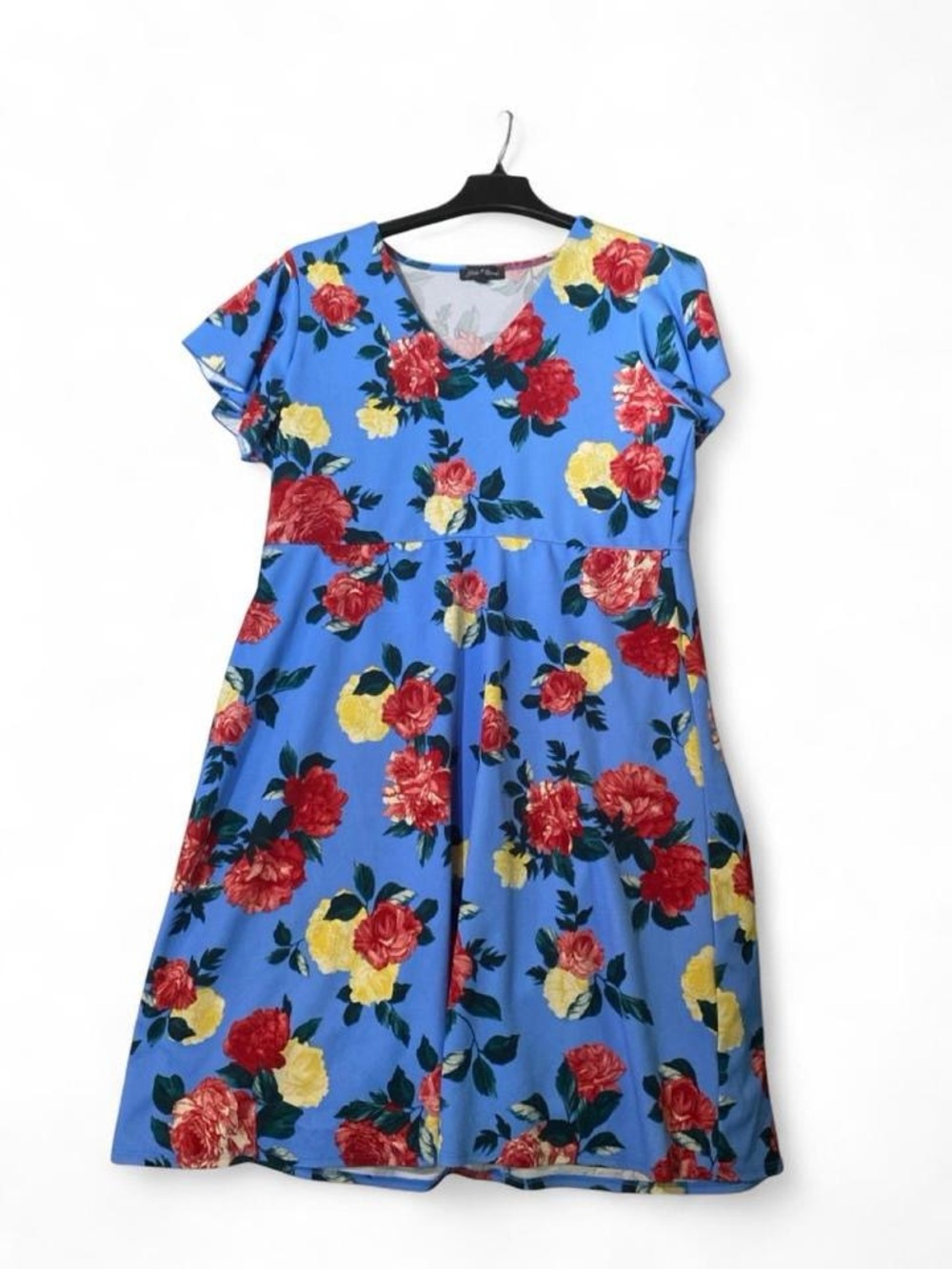 Slinky Brand Blue Floral V‑Neck Midi Dress with Red & Yellow Roses